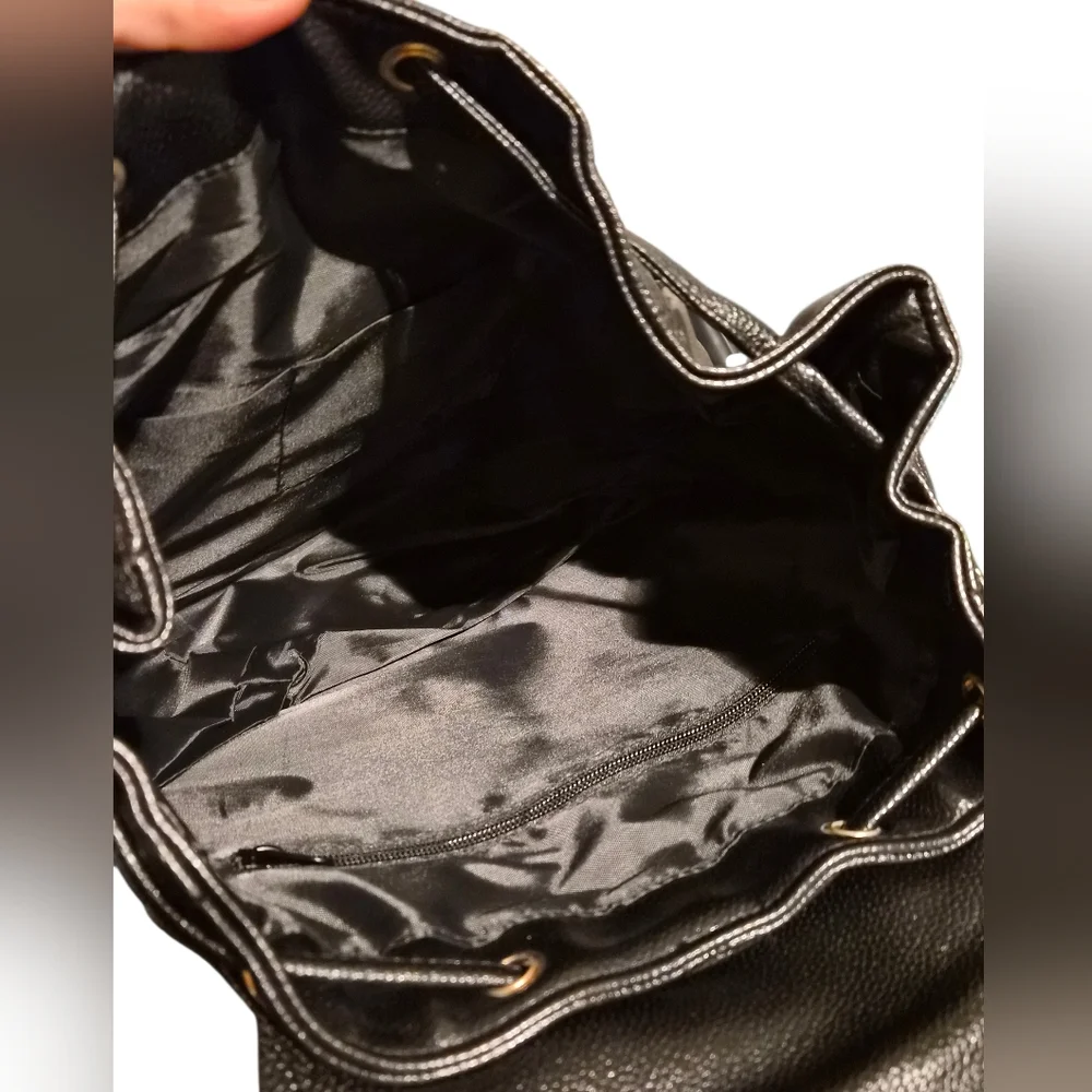 Bob Russo Black Faux Leather Backpack | Drawstring | Multi-Pocket